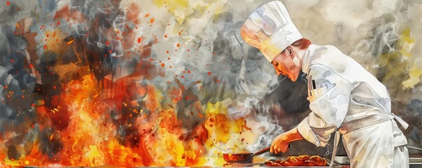 A chef winning a cooking competition when the kitchen catches fire, side view, watercolor, intense