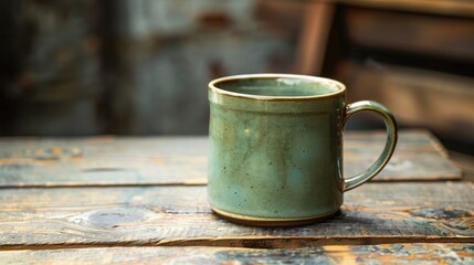 Green ceramic coffee cup on wooden table