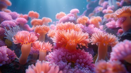 Vibrant coral reef underwater with sunlight streaming through the water.