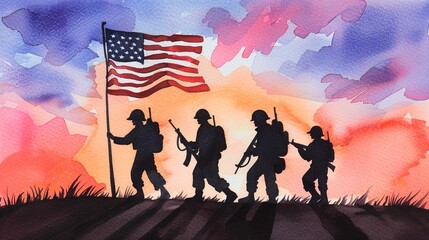 Watercolor sketch of silhouetted figures before an American flag, soft and fluid, Warm tones, Watercolor, Gentle and atmospheric scene