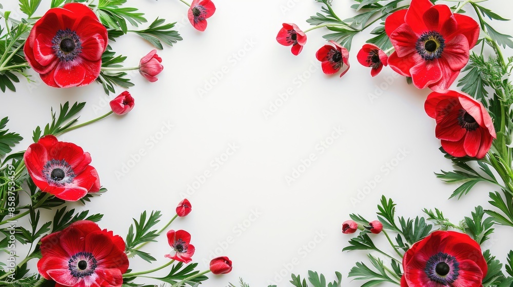 Poster anemone and ruscus flower frame on white background top view with space