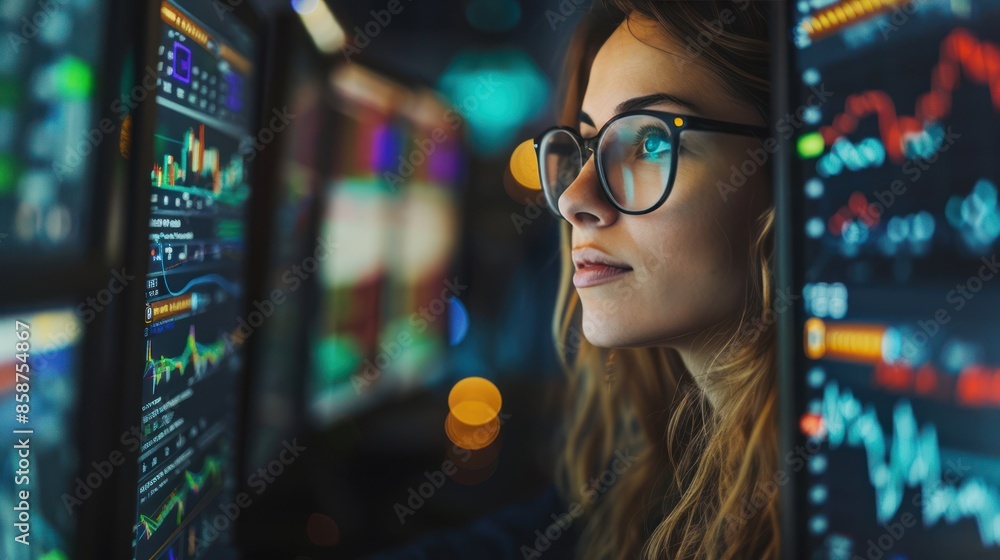 Wall mural Professional female broker analyzing market data on computers for stock account management