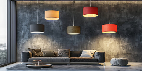 modern living room with hanging pendant lamps in different colors, generative AI