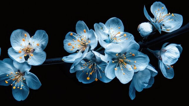 Dramatic contrast of white cherry flowers with yellow pistils on black background with cyanotype touch