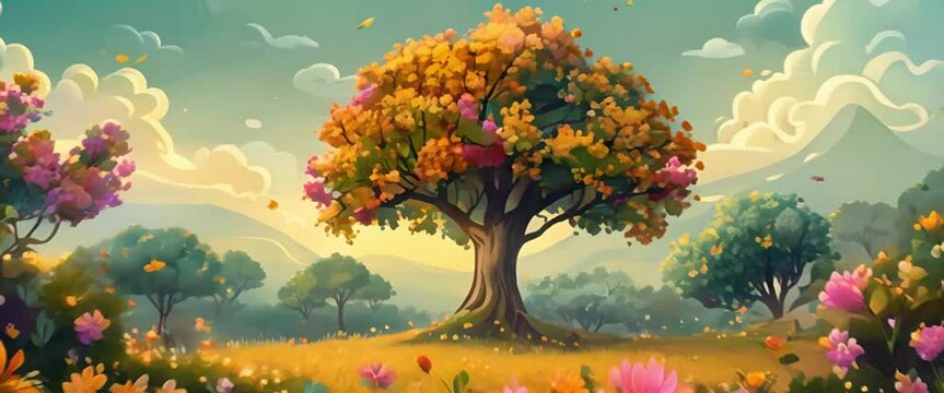 Worms-eye view vector illustration of a majestic tree in a serene forest, colorful flowers blooming around, flat design, front view, cartoon drawing, ideal for creating a cohesive tile pattern