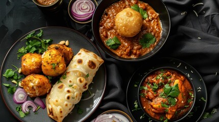 Variety of Indian cuisine dishes, including what appears to be samosas, a chicken curry, a stuffed paratha, and a bowl of rice garnished with coriander