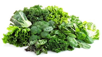 Variety of green leafy vegetables including kale, broccoli, spinach, and lettuce
