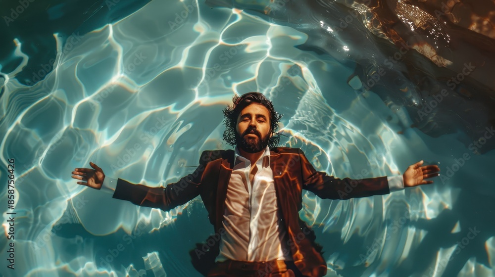 Poster man floating in a pool of water with his arms gently spread out to his sides. he is dressed in a for