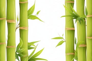 Green Bamboo Stalks and Leaves on White Background