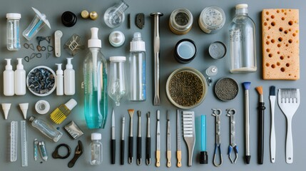 A messy table with many items on it, including a bottle of blue liquid