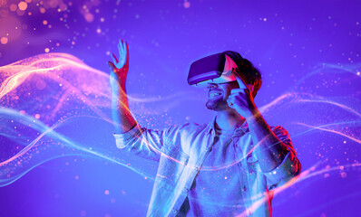 Smart man looking data or connecting with big data or virtual reality by using goggle or VR...