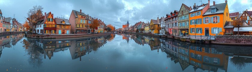 Colorful buildings reflect in a tranquil canal.