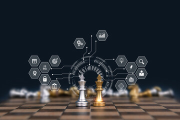 King chess winner with leadership strategy icons for wining challenge concept of team player or business teamwork and strategic planning and human resources organization risk management.