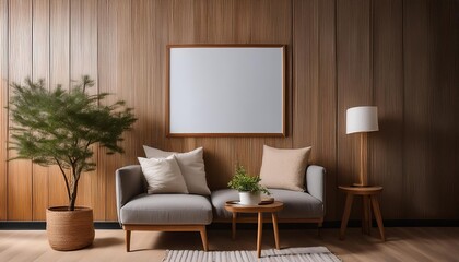 Scandinavian-inspired living room with sleek wooden wall and blank frame mockup. Touch of nature with minimalist plant. Frame mockup.