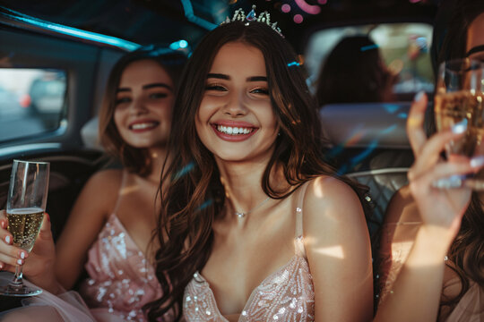a group of women sitting in a car holding champagne flutes