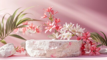 Geometric stone podium with flowers on pastel background for perfume and cosmetics mockup