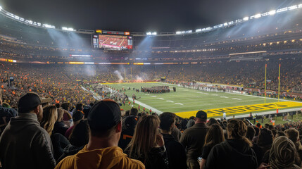 A large crowd of fans fills the stadium to watch an intense football game under bright lights and a lively atmosphere.
