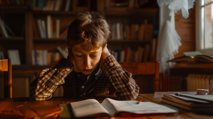 The boy is sitting at his desk with an open book in front of him. He was tired of doing his school homework. He's wearing a plaid shirt and he's focused on his work