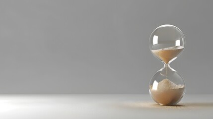 Digital rendering of a transparent hourglass with golden sand passing through, set against a grey...