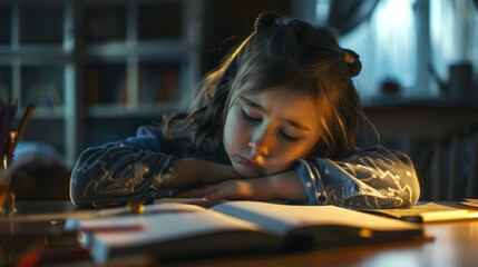A young girl fell asleep while doing school homework at home. She is sitting at her desk with an open book in front of her. She was tired of studying