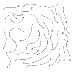 Doodle arrows. Hand drawn line pointers, pencil sketch elements, round curly wavy direction arrows. Vector linear black arrow set