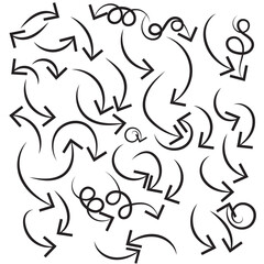 Set of black hand drawn arrow element vector. Collection of doodle arrows, lines, symbol, pointing mark, shapes on white background. Simple icon illustration for education, decoration, map. 