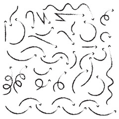 Set of black hand drawn arrow element vector. Collection of doodle arrows, lines, symbol, pointing mark, shapes on white background. Simple icon illustration for education, decoration, map. 