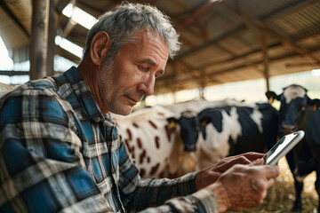 Mature dairy farm head using a touchpad to consult with a veterinarian by the cowshed