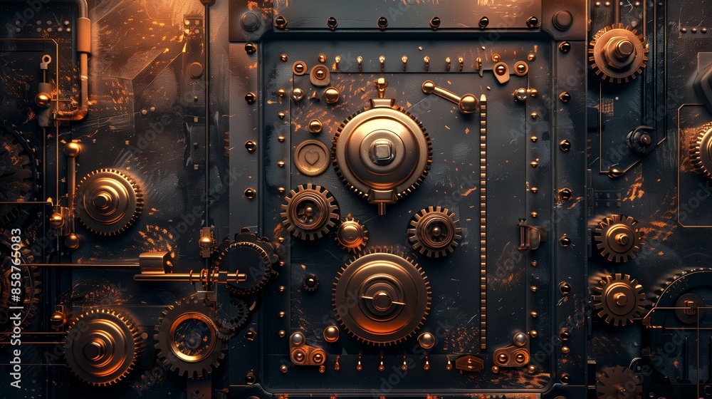 Poster digital safe door with encrypted code and gears