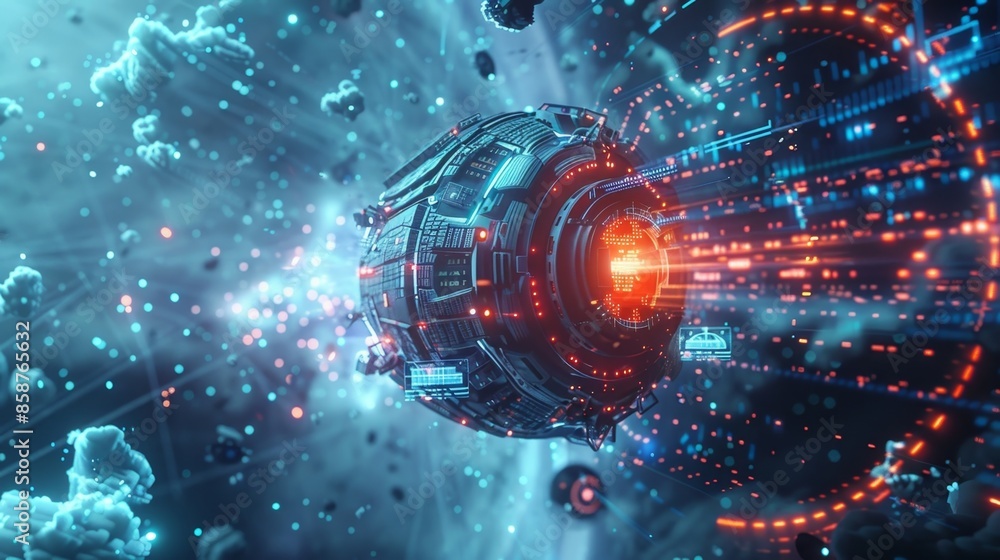 Aufkleber a futuristic spacecraft powered by 6g quantum computing in a distant galaxy demonstrating the potent