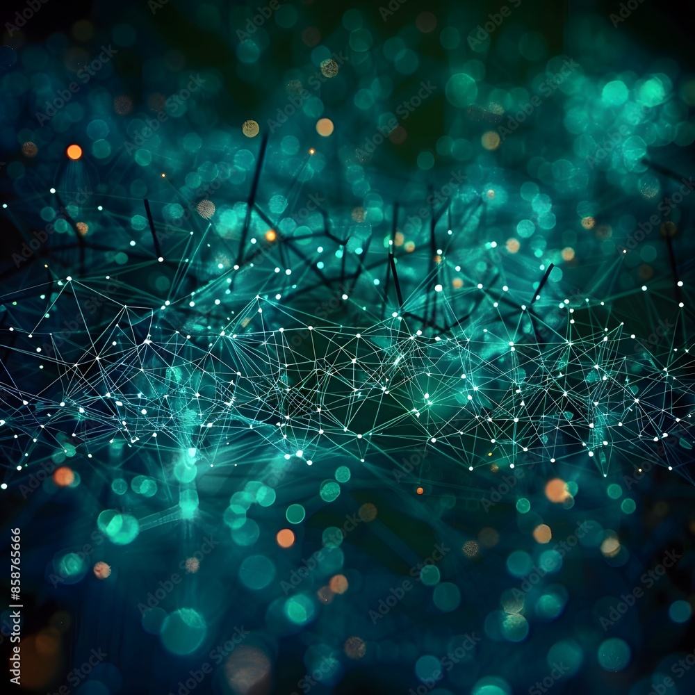 Poster abstract blue green technology background with a cyber network grid and connected particles. artific