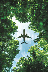 Eco-friendly air transport concept with a plane flying in the sky against a background of green...