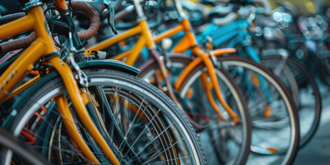 Vibrant orange and blue bicycles parked closely together, showcasing detailed spokes and handlebars in a busy urban setting.