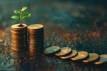 Coins and young sprout - your growing income. A captivating sight of financial growth, with a vibrant sprout breaking through a cluster of coins.