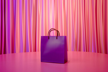 One purple shopping bag stands out against pink curtains