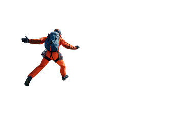 A person in a wingsuit skydiving against a white background, showcasing an extreme sport and adventure activity.