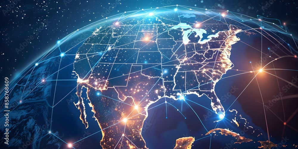 Poster abstract digital world map, concept of global network and connectivity, data transfer and cyber tech
