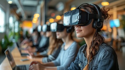 Group of people using virtual reality headsets. Team of individuals immersed in virtual reality experiences, wearing headsets and working on laptops in a modern office setting.