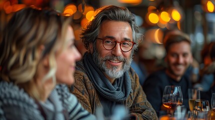 Fototapeta premium Senior man enjoying conversation at social gathering. Senior man with a gray beard enjoying a conversation with friends at a social gathering, exuding warmth and friendliness.