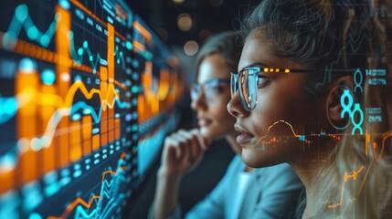 Two businesswomen analyzing financial data on screens. Two businesswomen analyzing complex financial data displayed on multiple screens in a high-tech office environment.