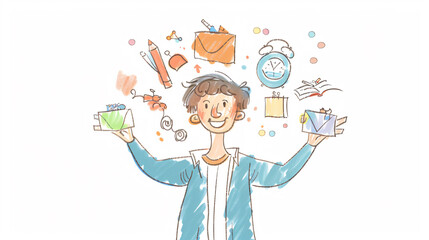 Balancing Act of the Sandwich Generation - Hand-Drawn Sketch Style Illustration of Person Juggling Responsibilities of Family and Career