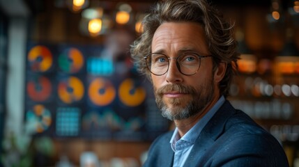 Confident businessman in modern office setting. Confident businessman with glasses in a modern office setting, surrounded by data visualizations and professional decor.
