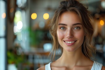Obraz premium Happy woman in bright casual setting. Happy woman in a bright, casual setting, radiating positivity and natural beauty.