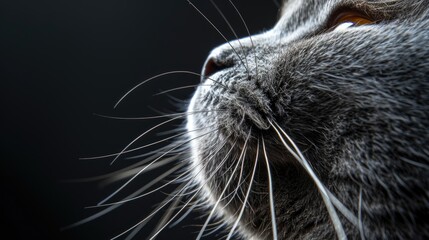 British Shorthair cat licking its whiskers in a close up shot with a dark background enhancing its fur