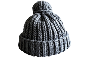 Gray knitted winter hat with thick yarn, featuring a pom-pom on top, perfect for keeping warm in cold weather and stylish outdoor activities.