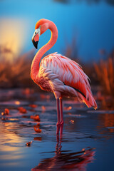 A flamingo is standing in a shallow lagoon