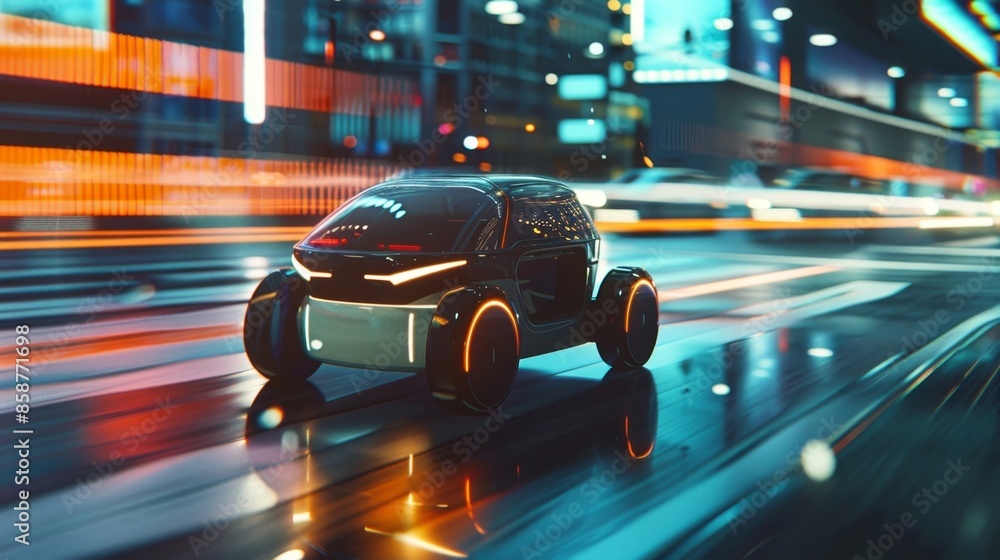 Poster in a crowded urban center a delivery robot maneuvering on two wheels skillfully zigzags through traf