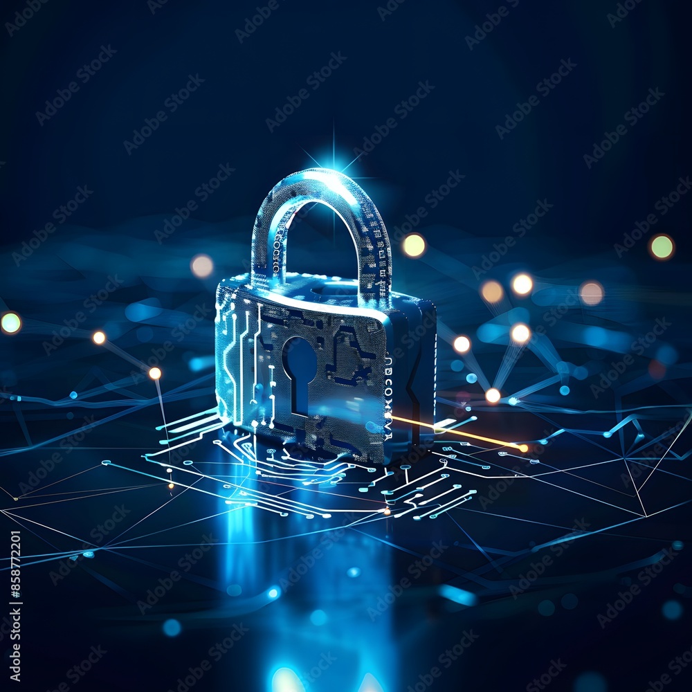 Poster digital padlock for computing system on dark blue background, cyber security technology for fraud pr