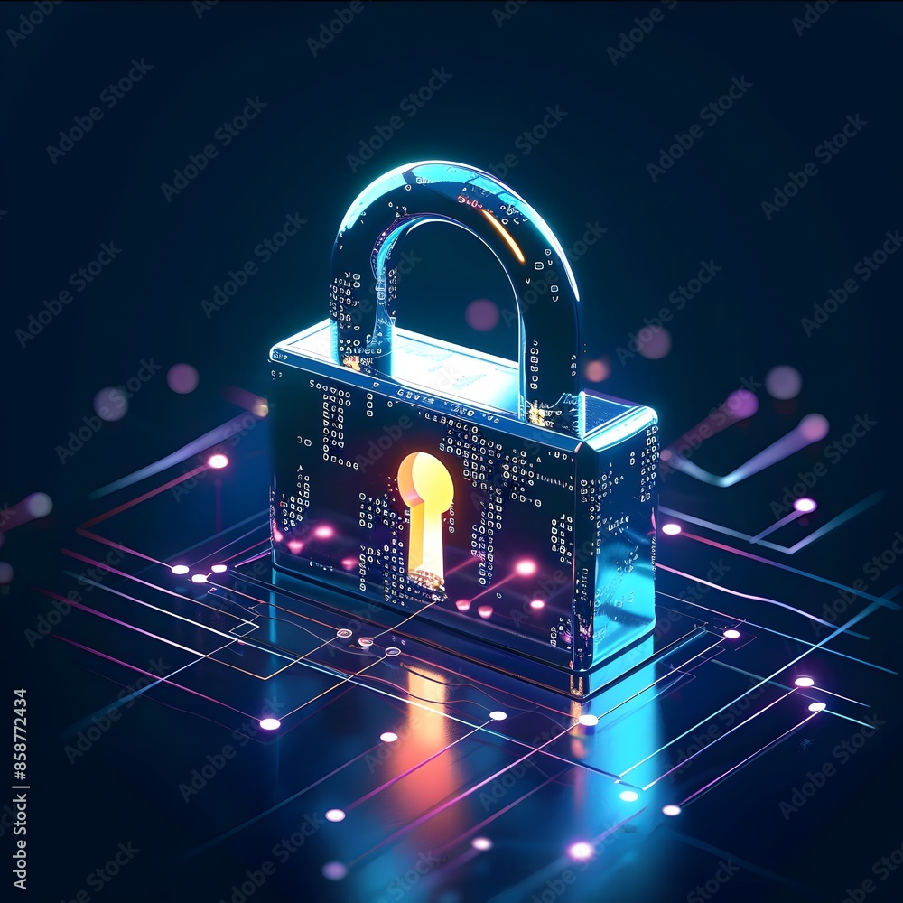 Poster digital padlock for computing system on dark blue background, cyber security technology for fraud pr