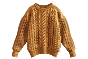 Cozy knitted sweater in mustard color with intricate cable patterns, perfect for autumn and winter fashion.
